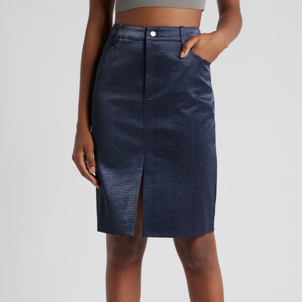 WAYF Camille Snake-Embossed Faux Leather Elegant Navy Pencil Skirt Size 4